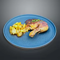 Roasted Chicken Leg with Golden Potato Chunks on Blue Plate with Herb Garnish