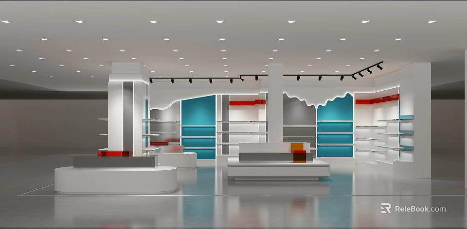 Modern Bright Specialty Store Interior Design With White Display Shelves Blue Accents And Ceiling Lighting 3d model 