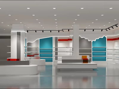 Modern Bright Specialty Store Interior Design With White Display Shelves Blue Accents And Ceiling Lighting 3d model