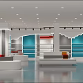 Modern Bright Specialty Store Interior Design With White Display Shelves Blue Accents And Ceiling Lighting