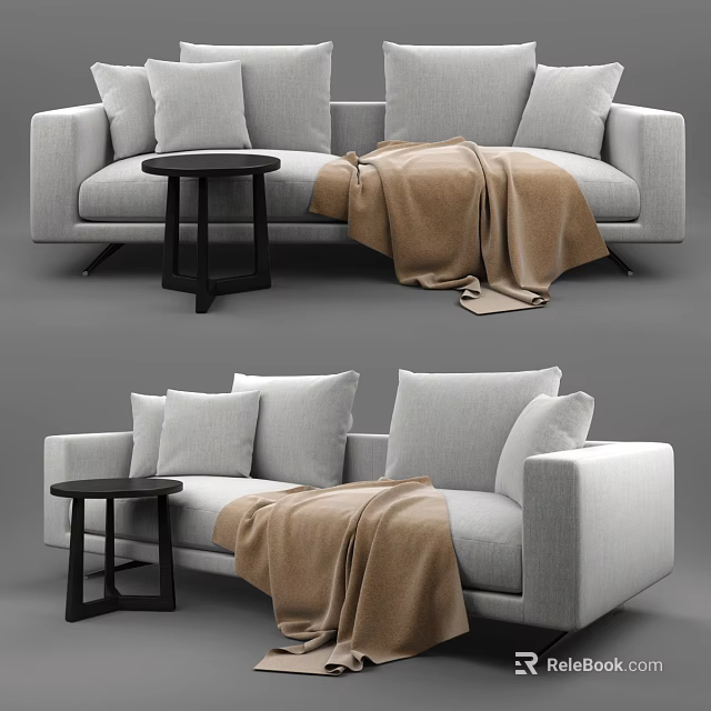 Light Gray Sofa With Plush Cushions And Black Coffee Table Set With Soft Brown Blanket 3d model 