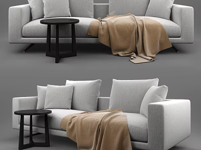 Light Gray Sofa With Plush Cushions And Black Coffee Table Set With Soft Brown Blanket 3d model