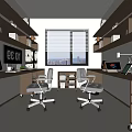 Modern Study Room Interior With Wooden Shelves Desks Office Chairs Window Blinds And City View