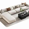 Modern L shaped White Sofa and Coffee Table Set with Cushions Ottoman and Green Plant