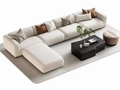 Modern L shaped White Sofa and Coffee Table Set with Cushions Ottoman and Green Plant 3d model