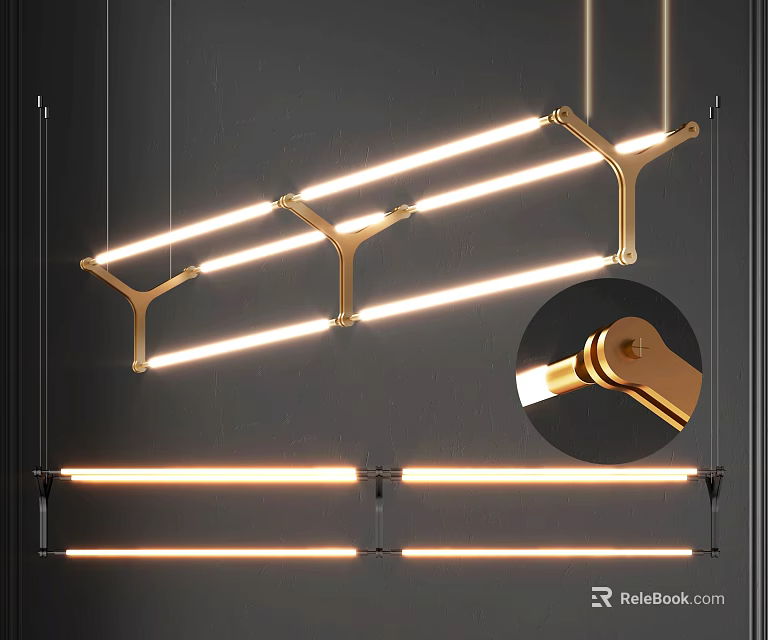 Modern Pendant Light With Long Strip LED Lamps And Gold T Shaped Brackets 3d model 