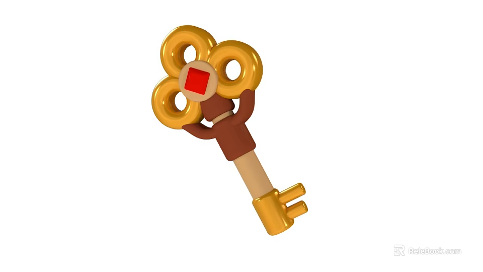 Cartoon Style Golden Key With Flower Shaped Rings Red Square And Brown Handle 3d model 