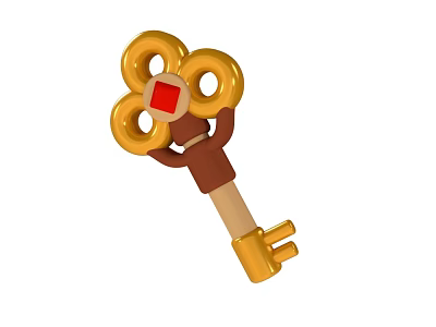 Cartoon Style Golden Key With Flower Shaped Rings Red Square And Brown Handle 3d model