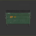 Green Industrial Dumpster With Black Ribbed Lid Yellow Warning Labels And Wheels