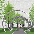 Modern Pergola With Circular Metal Structure Surrounded By Green Trees And Walking Pathway 3d model