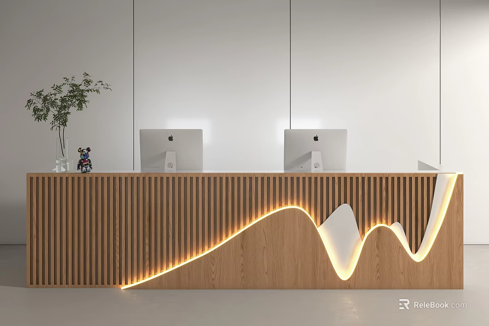 Modern Store Front Desk With Wooden Panel Wave LED Lighting And Dual Computers 3d model
