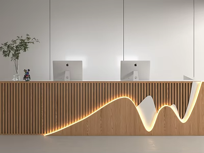 Modern Store Front Desk With Wooden Panel Wave LED Lighting And Dual Computers 3d model