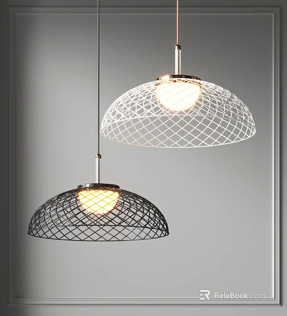 Lit Black And White Dome Shaped Wire Mesh Chandeliers On Gray Background 3d model 