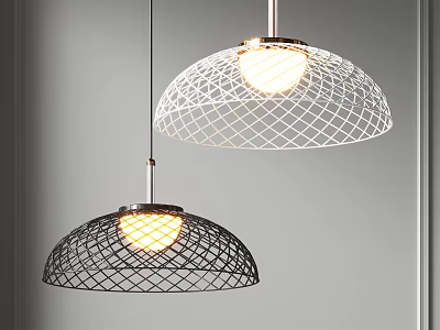 Lit Black And White Dome Shaped Wire Mesh Chandeliers On Gray Background 3d model
