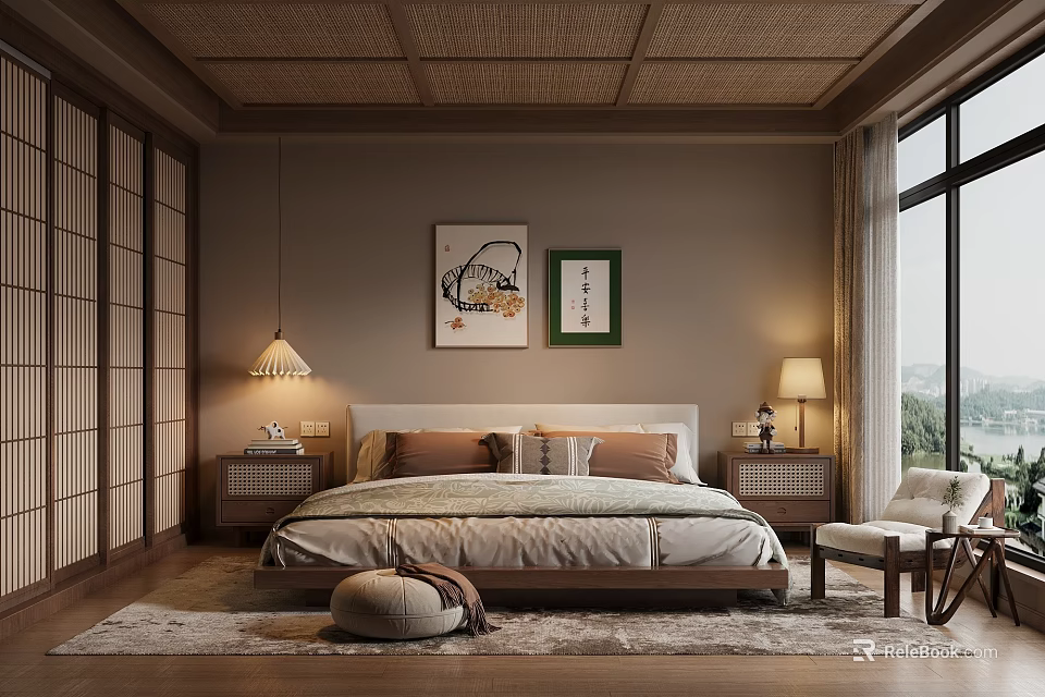 Japanese Style Bedroom Interior With Shoji Doors Wooden Lattice Ceiling And Framed Artworks 3d model 