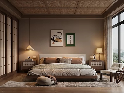 Japanese Style Bedroom Interior With Shoji Doors Wooden Lattice Ceiling And Framed Artworks 3d model