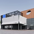 Exterior View Of Modern Building With Awnings Tables Chairs Green Plants Trees And Vehicles