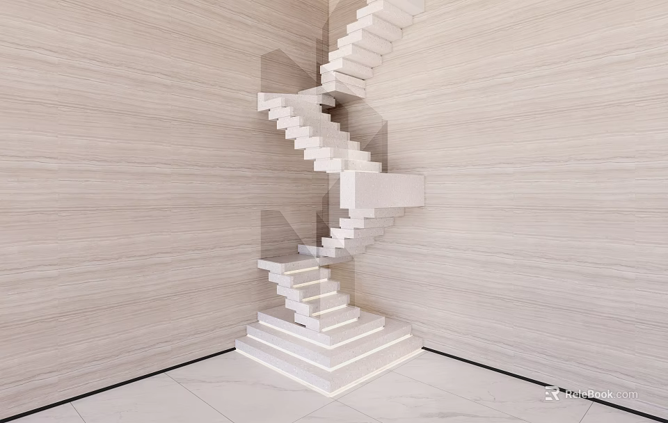 Modern Spiral Staircase Design With Light Wood Walls And White Marble Floor 3d model 