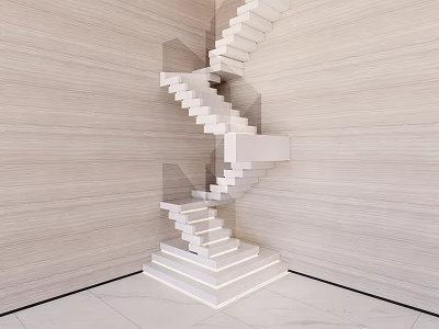 Modern Spiral Staircase Design With Light Wood Walls And White Marble Floor 3d model