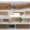 Modern Wooden Furniture Design Elements With Benches Screens And Potted Plant