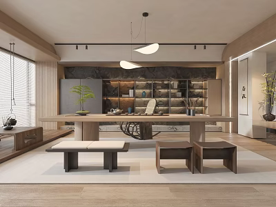 Modern Tea Room Interior With Wooden Table Stools Bookshelves And Green Plants 3d model