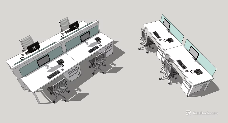 Modern Office Desk Setup With Computer Monitors Office Chairs And Dividers 3d model