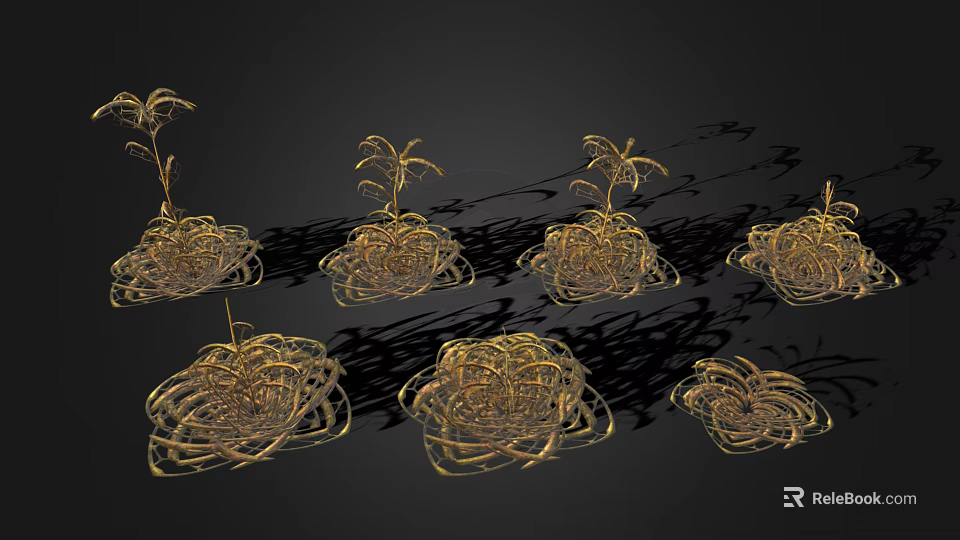 Golden Decorative Plants With Woven Roots And Leafy Stems On Black Background 3d model 