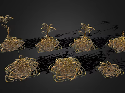 Golden Decorative Plants With Woven Roots And Leafy Stems On Black Background 3d model