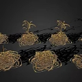 Golden Decorative Plants With Woven Roots And Leafy Stems On Black Background