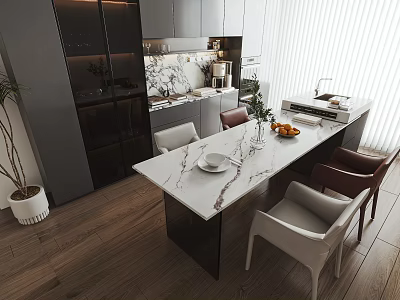 Modern Open Restaurant Interior With Marble Dining Table Dark Cabinets And Wooden Floor 3d model