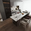 Modern Open Restaurant Interior With Marble Dining Table Dark Cabinets And Wooden Floor