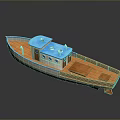 Small Wooden Boat With Blue Top White Hull And Wooden Deck