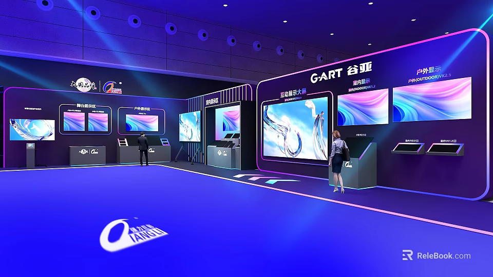 Modern Tech Exhibition Hall Interior With Large Screens And Interactive Display Counters 3d model 