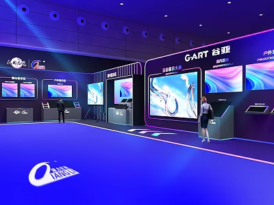 Modern Tech Exhibition Hall Interior With Large Screens And Interactive Display Counters 3d model