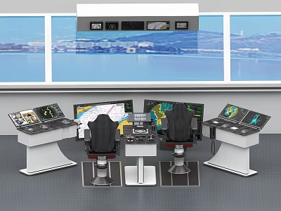 Modern Control Room With Multiple Screens Chairs And Window View Of Waterfront 3d model