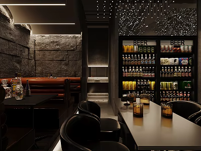 Modern Bar Interior With Stone Walls Drinks Shelves Tables And Ambient Lighting 3d model