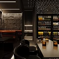Modern Bar Interior With Stone Walls Drinks Shelves Tables And Ambient Lighting