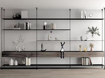 Modern Home Interior Featuring Stylish Multi Tiered Shelving Unit With Books Decor And Small Plants 3d model