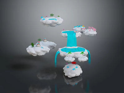 Scenic Floating Islands With Waterfall Cloud Shaped Landscapes Small Houses Trees Pink Flowers Blue Water 3d model