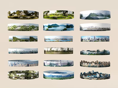 Collection of Circular Landscape Images Featuring Various Natural and Urban Scenes 3d model