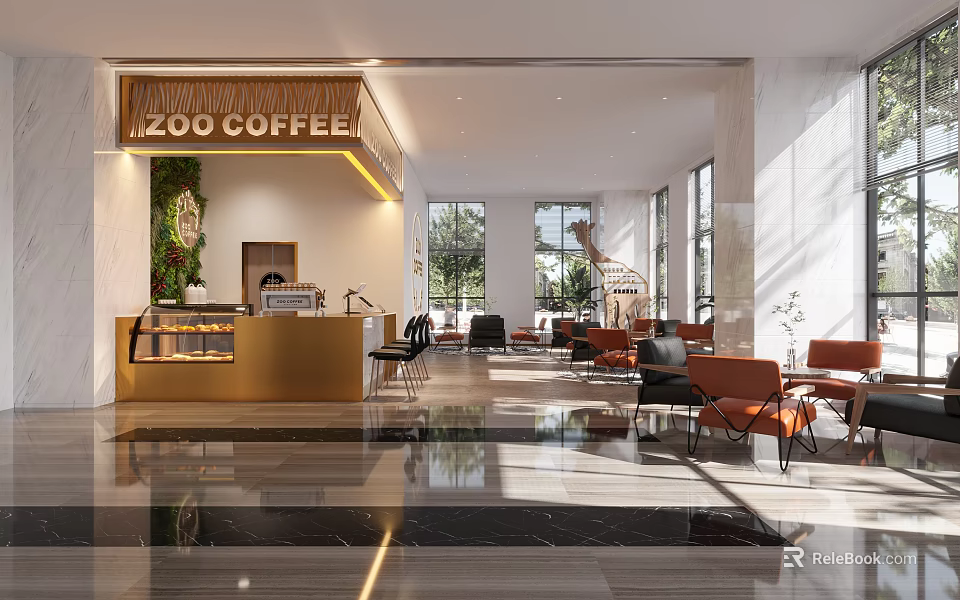 ZOO COFFEE Modern Interior With Golden Counter Orange Chairs Sofas Large Windows And Natural Light 3d model 