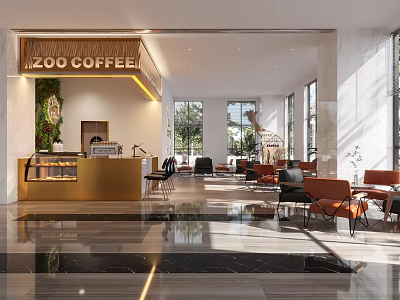 ZOO COFFEE Modern Interior With Golden Counter Orange Chairs Sofas Large Windows And Natural Light 3d model