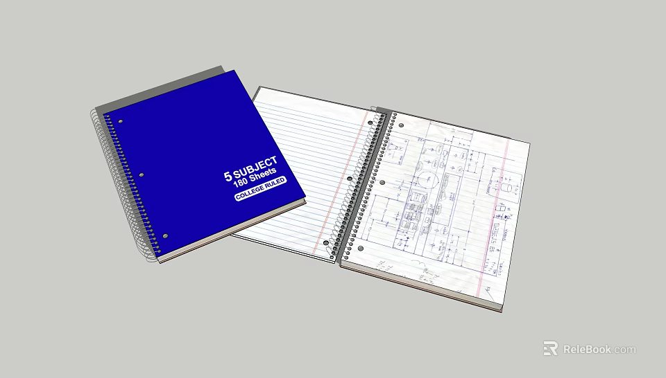 Open Spiral Bound Notebook with Blue Cover and Lined Pages Featuring Technical Drawings 3d model 