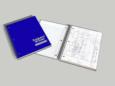 Open Spiral Bound Notebook with Blue Cover and Lined Pages Featuring Technical Drawings 3d model