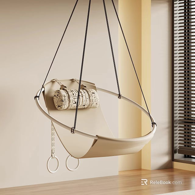 Beige Hanging Chair Suspended with Black Ropes and Woven Cushion in Indoor Space with Blinds 3d model 