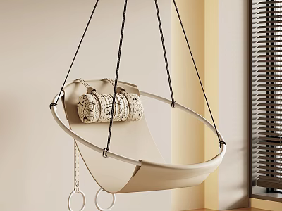 Beige Hanging Chair Suspended with Black Ropes and Woven Cushion in Indoor Space with Blinds 3d model