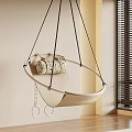 Beige Hanging Chair Suspended with Black Ropes and Woven Cushion in Indoor Space with Blinds