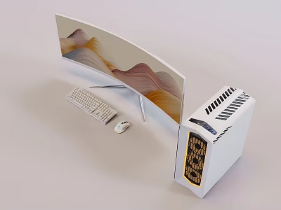 Curved Monitor Desktop PC Setup With Keyboard Mouse Wavy Pattern And White Case 3d model