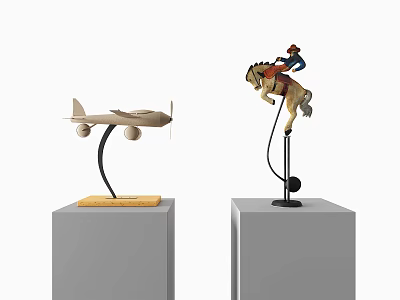 Decorative Ornament Set Featuring Airplane Model And Horse Rider Figure On Gray Cube Display Stands 3d model