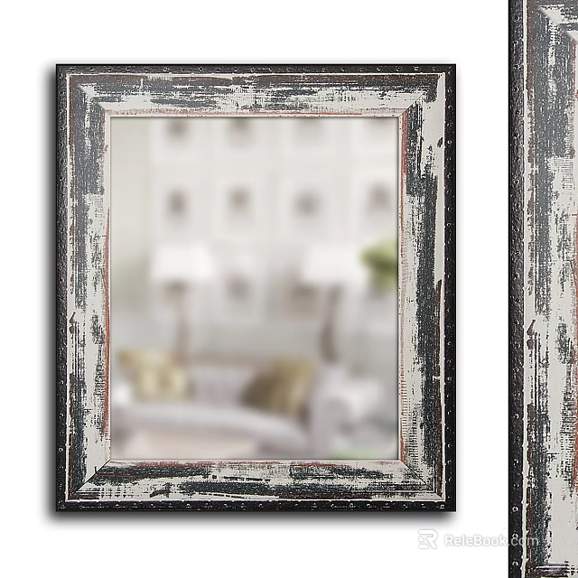 Vintage Distressed Frame Mirror Reflecting Living Room With Sofa Table Lamps And Throw Pillows 3d model 